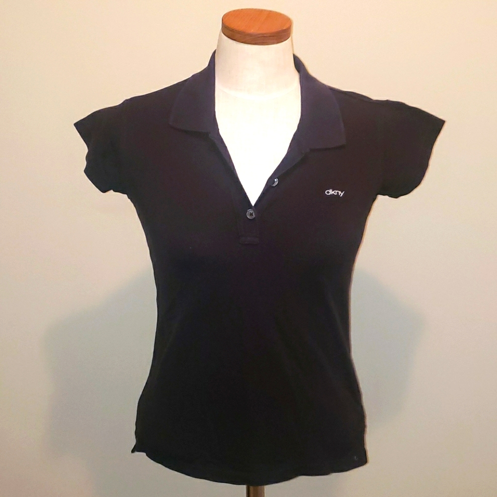 DKNY Collared Short Sleeve Y2K Polo Top Black & White Small